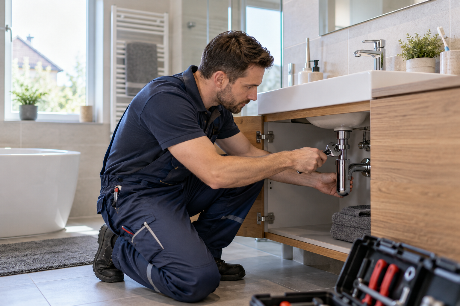 Sanitärinstallateur prüft den Siphon unter einem Waschbecken